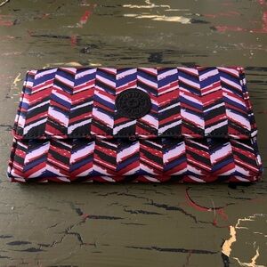 Kipling Red, Blue, Black print trifold wallet